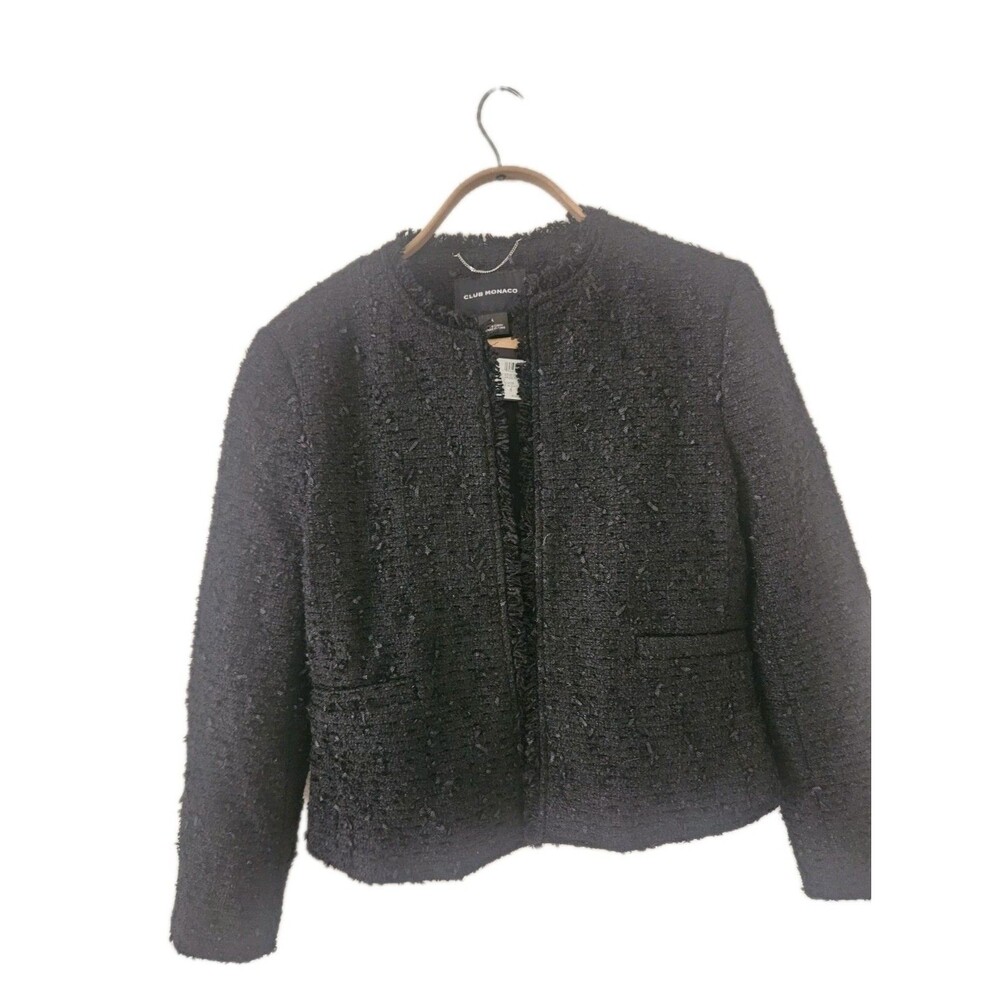 NWT Club Monaco Bouclé Fringe Jacket Black Collarless Size 6 Textured Chic...